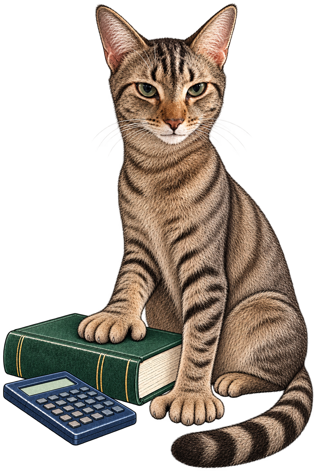 Seven, our polydactyl tabby mascot with extra thumb toes, a ledger, and a calculator